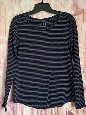 Loft Vintage Soft Navy Blue Crewneck Metallic Silver Striped Long Sleeve T Shirt